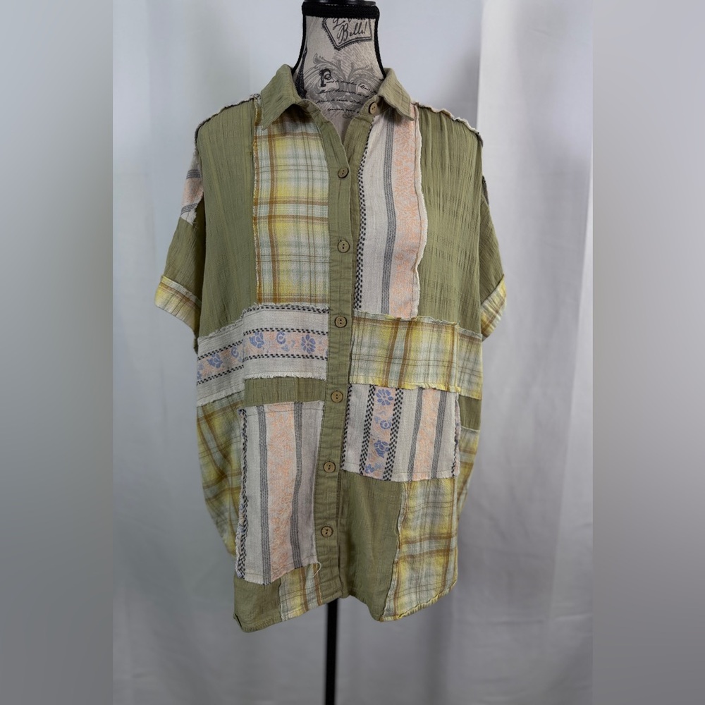 Patchwork Button-Down Shirt In Olive And Pastel P… - image 2